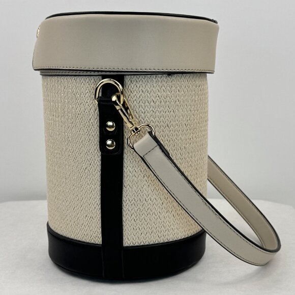 Beige Capsule Bag Long And Short Detachable Straps Black Trim Lined Bucket Purse - Picture 13 of 14